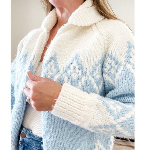 VTG 70s Cowichan Knitted Sweater Cardigan Snow White BlueWestern Cowboy Large - Picture 2 of 10